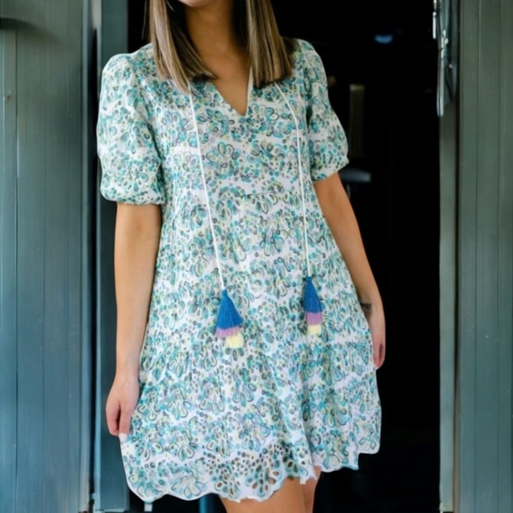 ALLISON NEW YORK BLUE MULTI SKY EYELET TASSEL DRESS SIZE XS